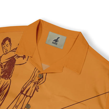 Orange shirt with graphic print and Malvero brand label on collar.