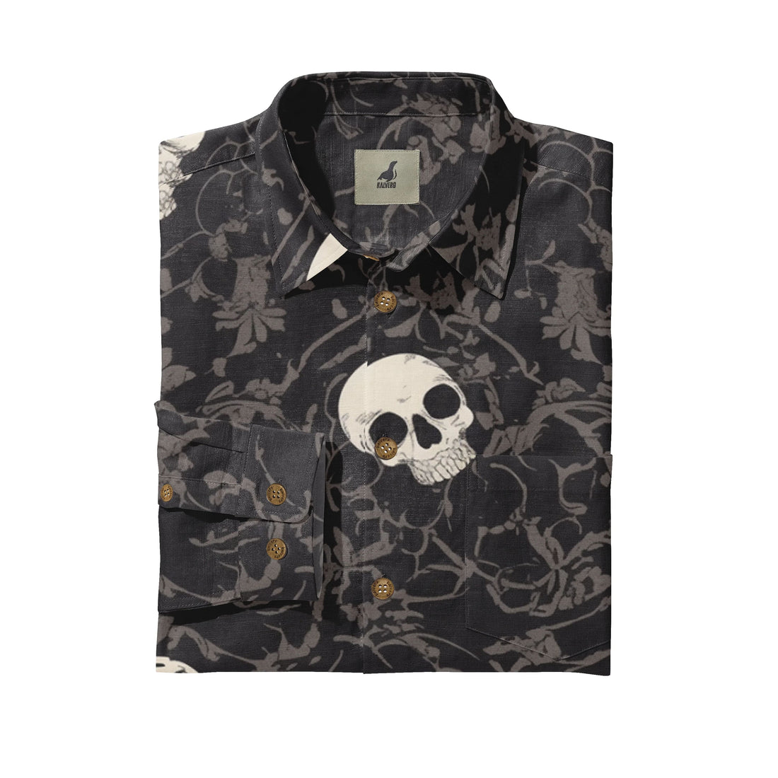 Dark floral shirt with skull print, brown buttons, and brand tag.