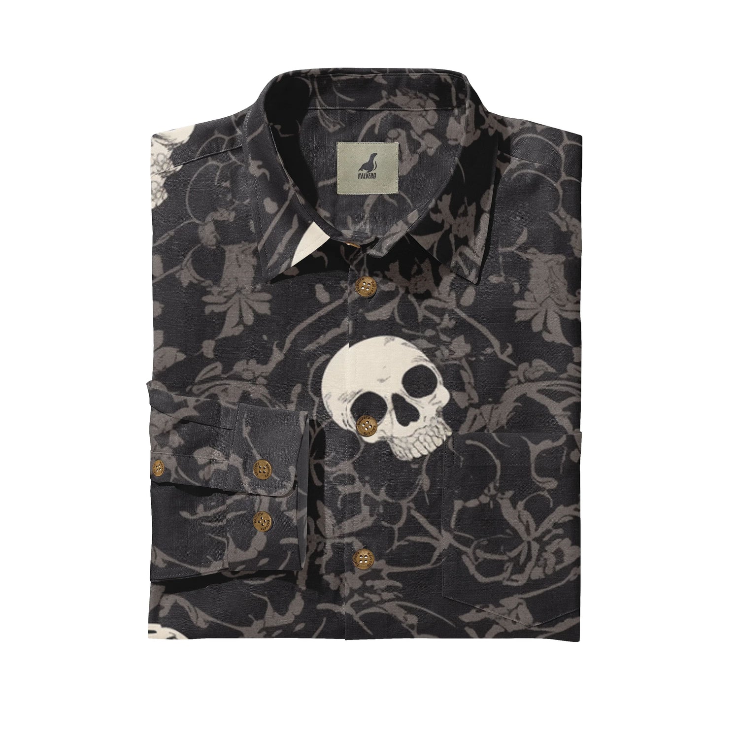 Dark floral shirt with skull print, brown buttons, and brand tag.