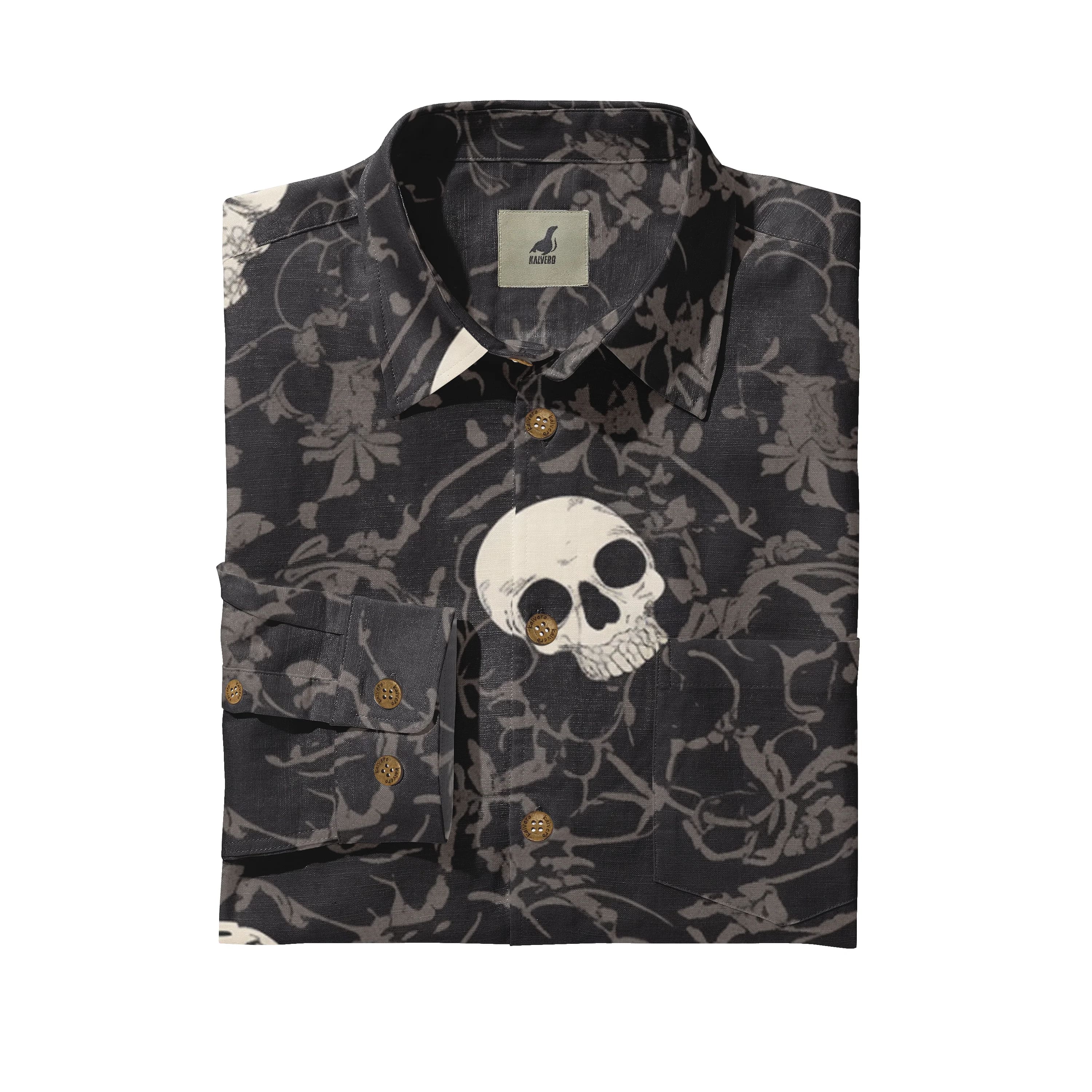 Dark floral shirt with skull print, brown buttons, and brand tag.