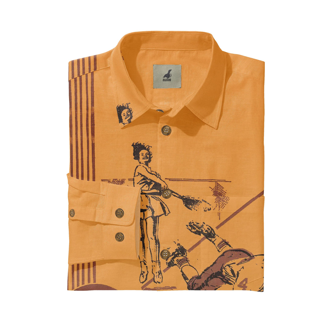 Orange shirt with graphic print of a woman playing tennis, featuring.