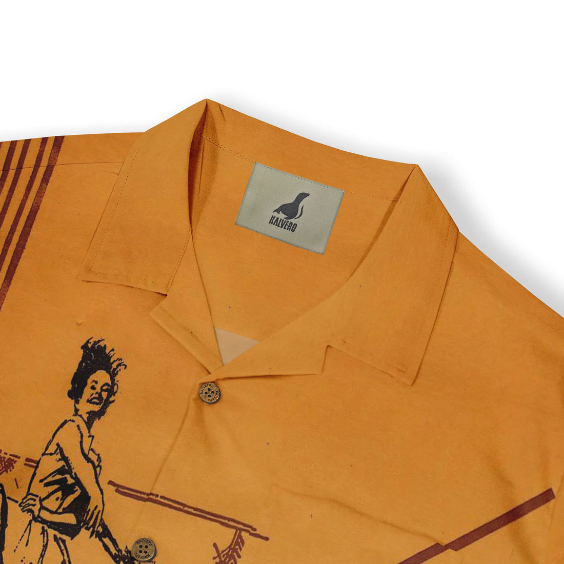 Orange polo shirt with vintage-style graphic, collar tag featuring.