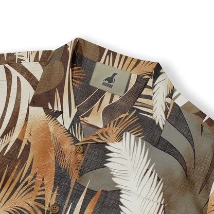 A stylish tropical shirt with bold leaf patterns in earthy tones.