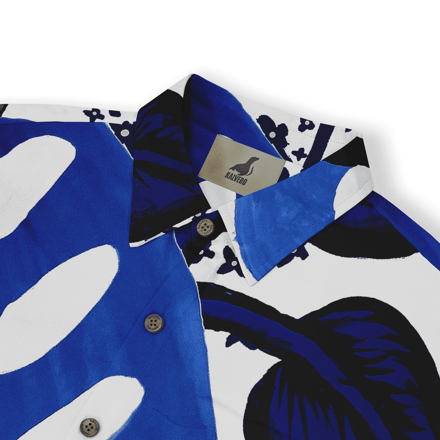 Blue and white patterned shirt with tropical design, featuring.