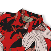 Red floral shirt with black and white patterns, featuring a Kalvero.