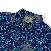 Dark blue shirt with turquoise floral pattern, wooden buttons.