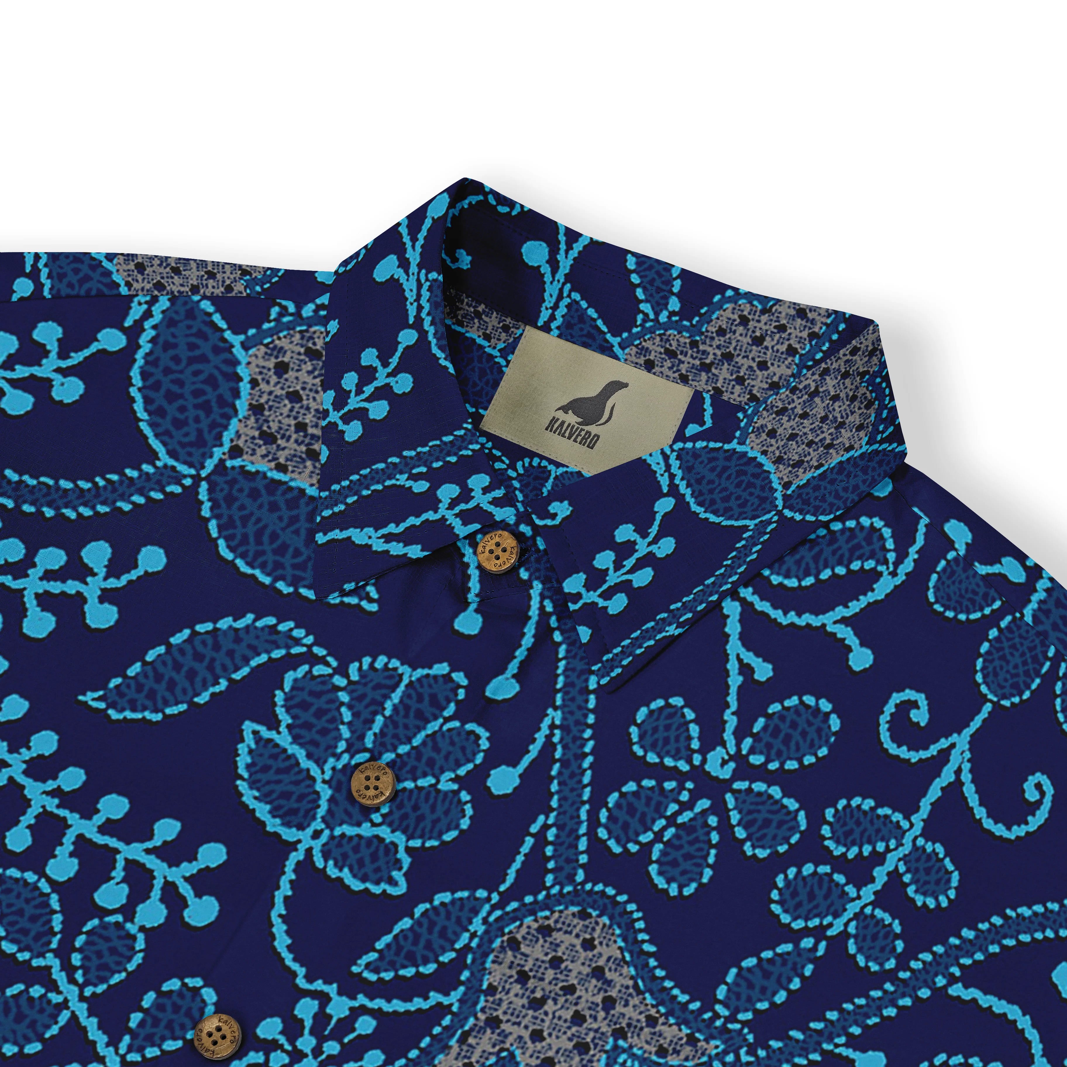Dark blue shirt with turquoise floral pattern, wooden buttons.