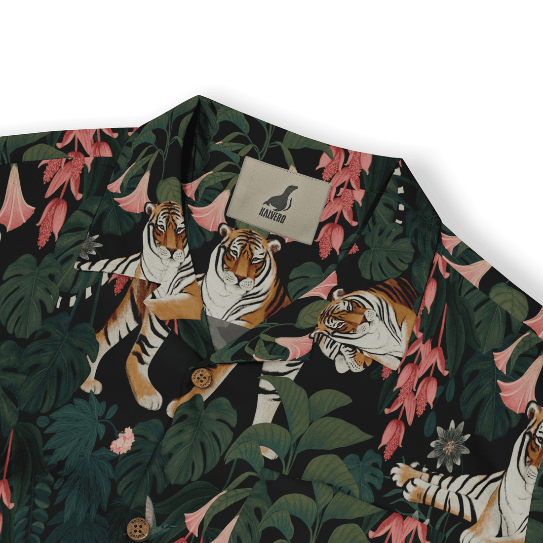 Tropical shirt with tiger and floral print on black background.
