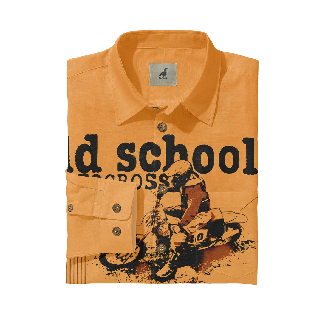 Orange button-up shirt with &quot;Old School Motocross&quot; graphic and rider.