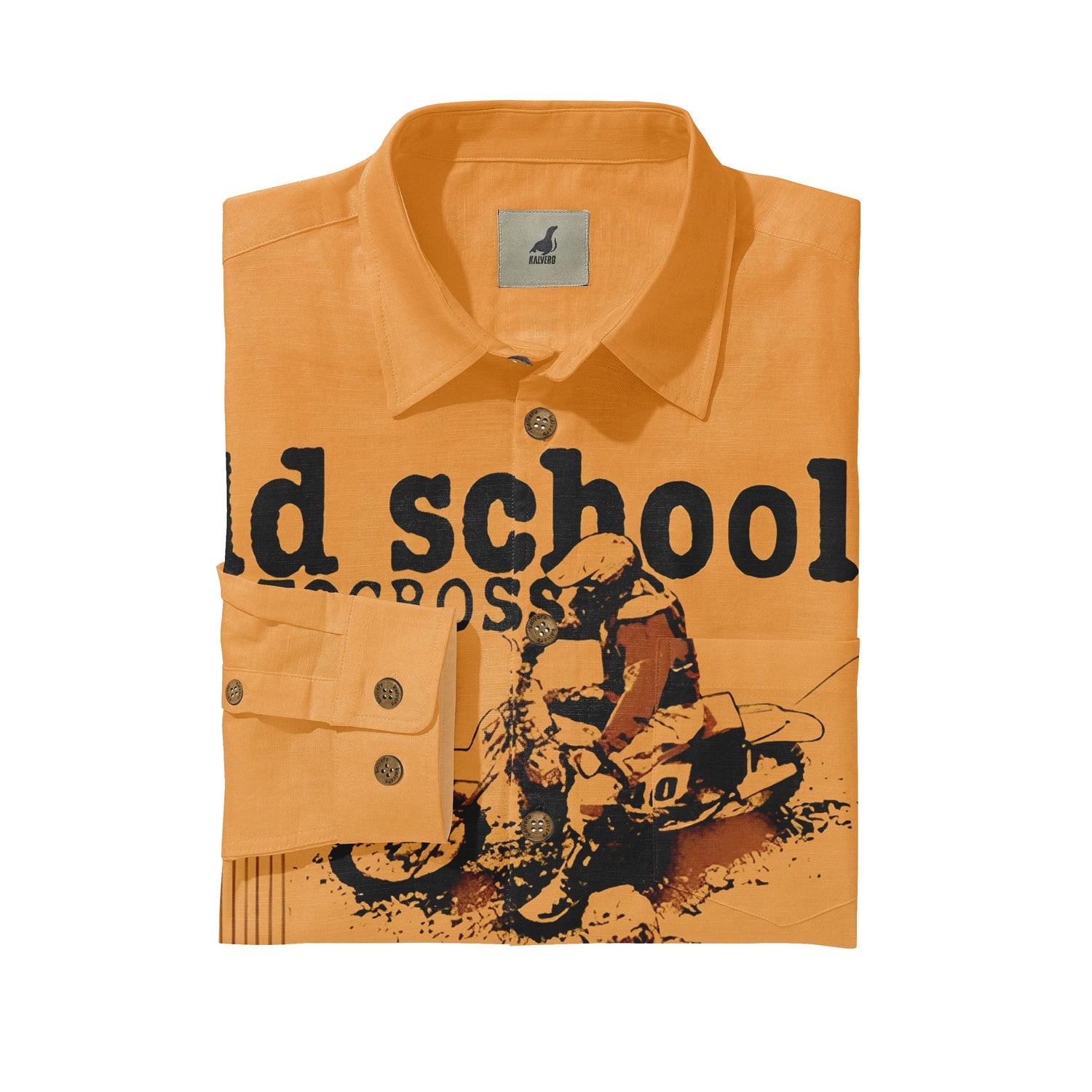 Orange button-up shirt with &quot;Old School Motocross&quot; graphic and rider.