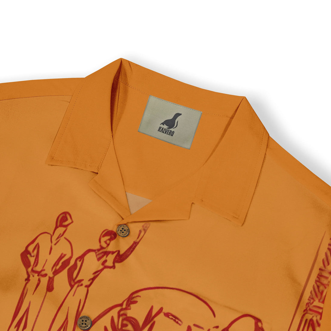Orange shirt with red graphic print, collar button, and Malvero brand.