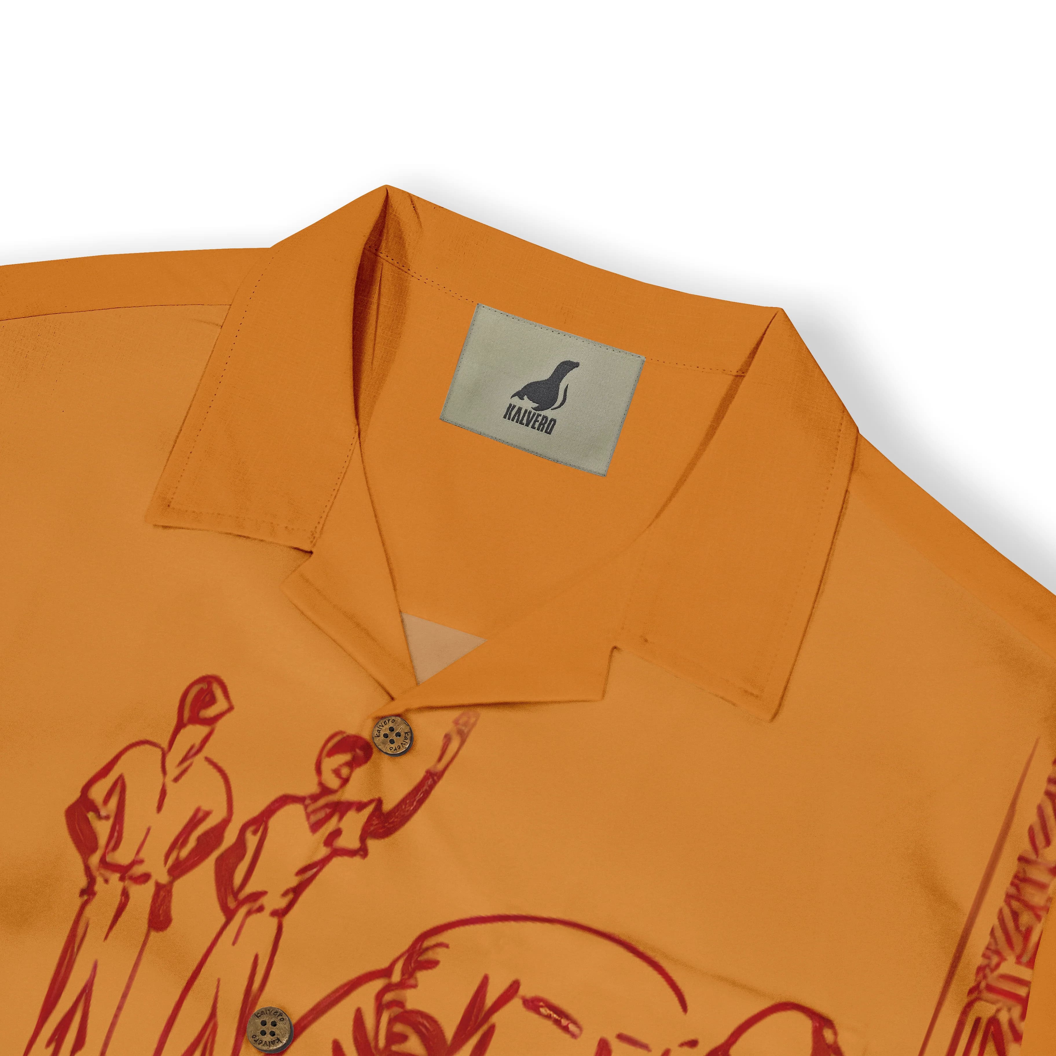 Orange shirt with red graphic print, collar button, and Malvero brand.