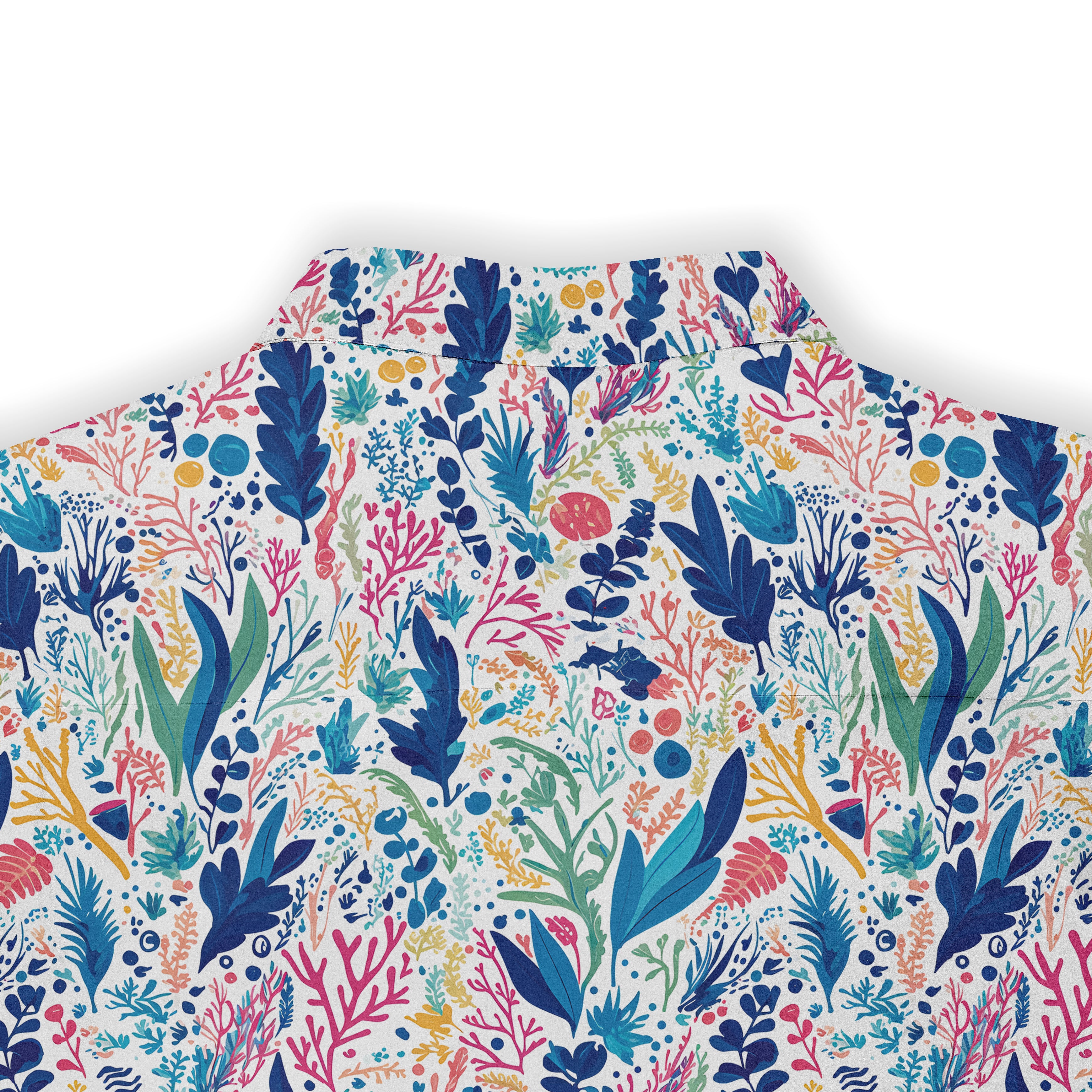 Colorful botanical print shirt with vibrant leaves and coral patterns