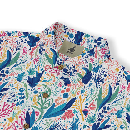 Colorful floral shirt with buttons and brand tag.