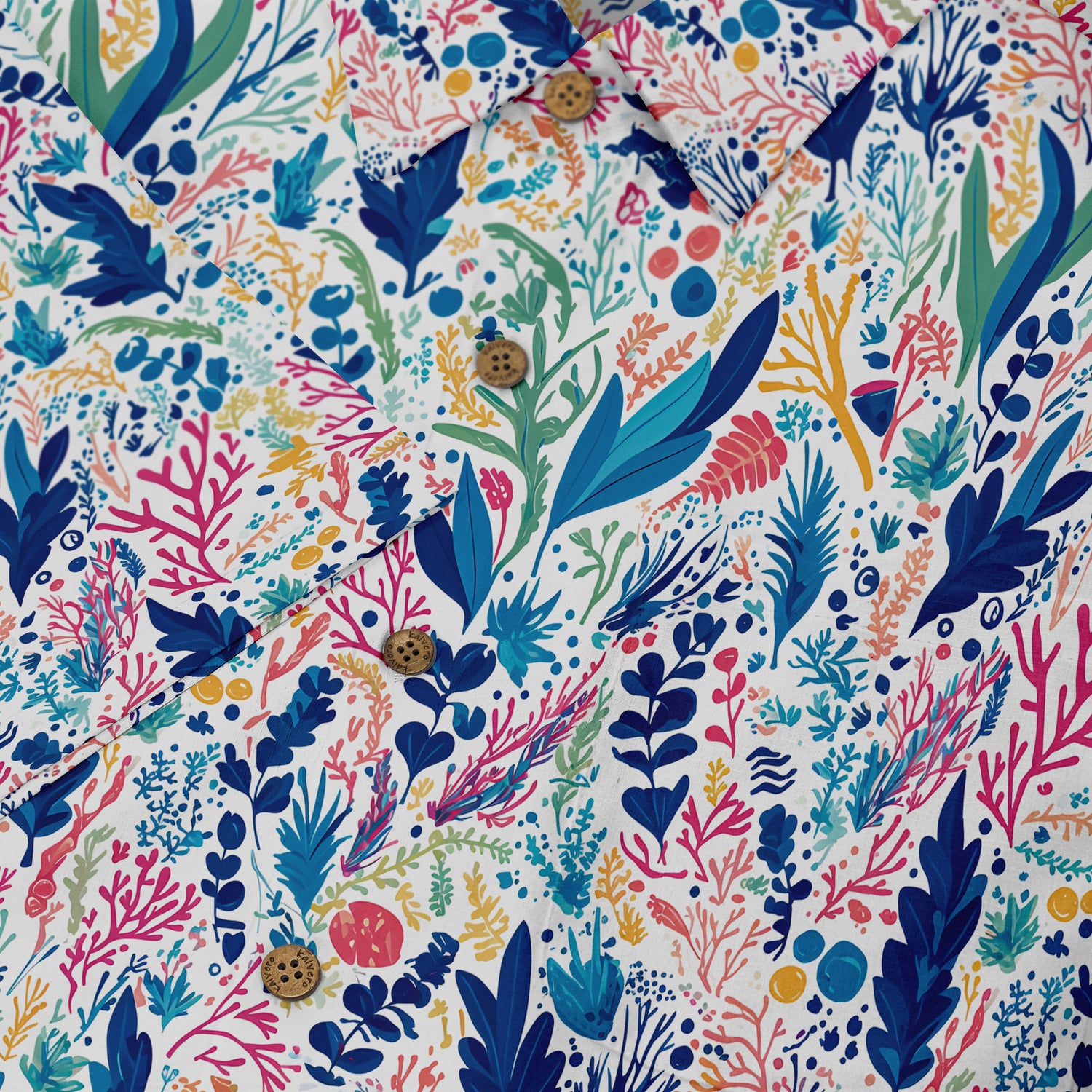 Colorful floral pattern shirt with wooden buttons on white background.