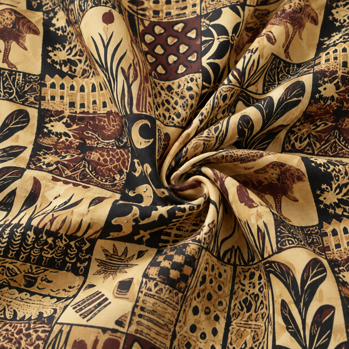 KALVERO Timeless Echoes: fabric detail showing tan, black and brown patchwork panels of stylized animals, leaves and geometric symbols.
