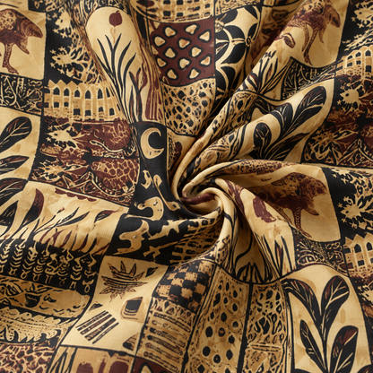 KALVERO Timeless Echoes: fabric detail showing tan, black and brown patchwork panels of stylized animals, leaves and geometric symbols.