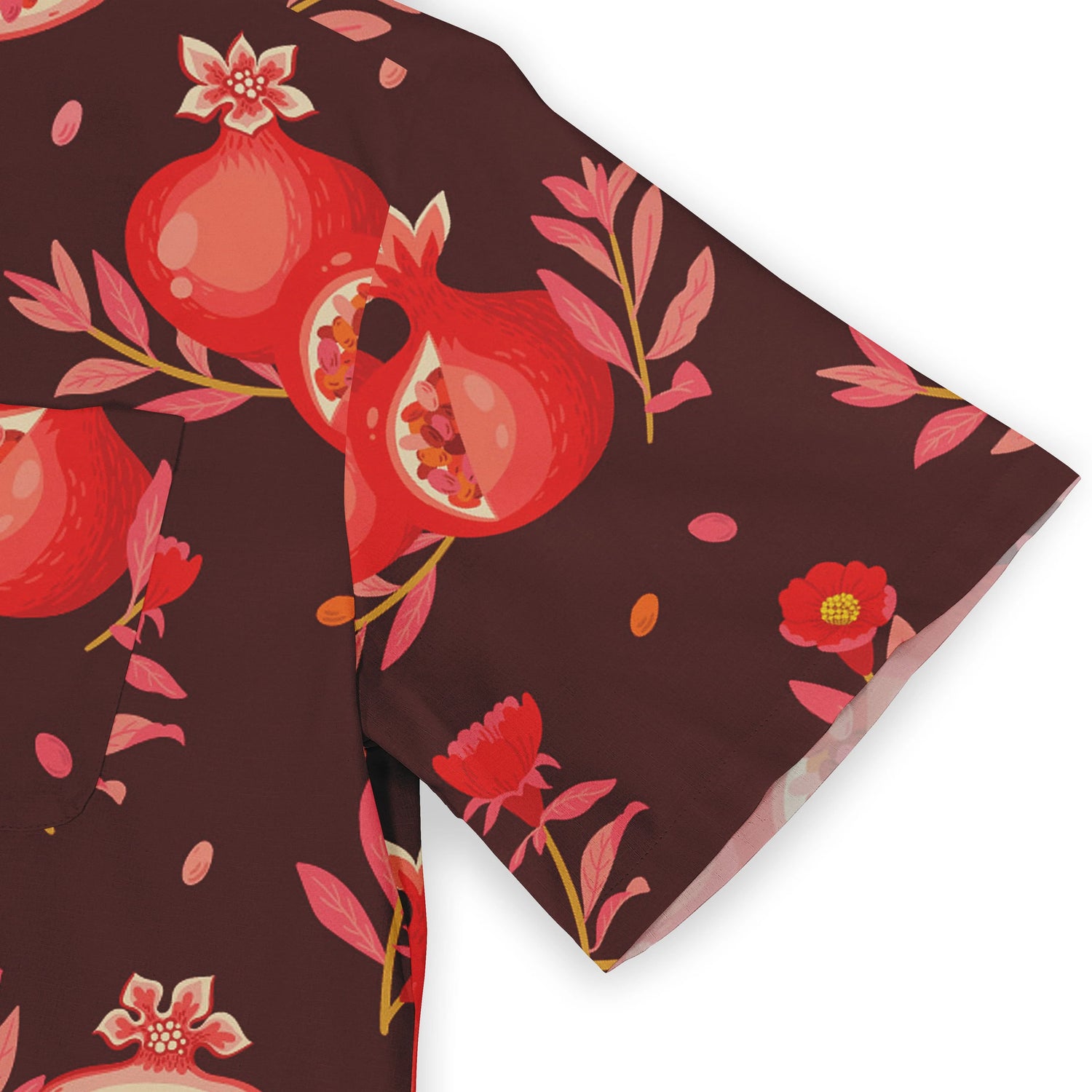 Brown fabric with red pomegranate and floral pattern, featuring.