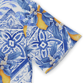 Blue and white patterned fabric with floral and citrus designs.