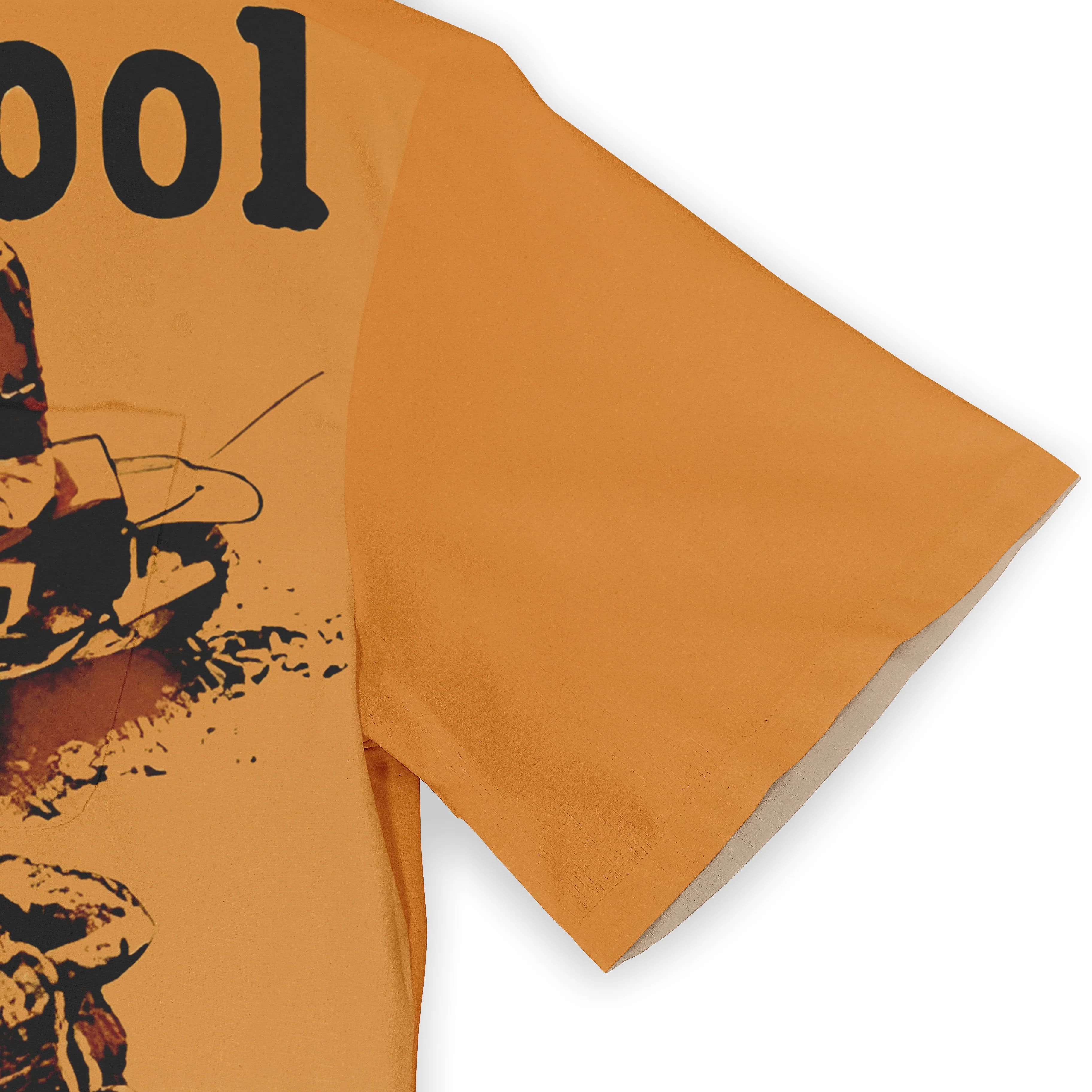 Orange t-shirt with graphic print featuring &quot;ool&quot; text.