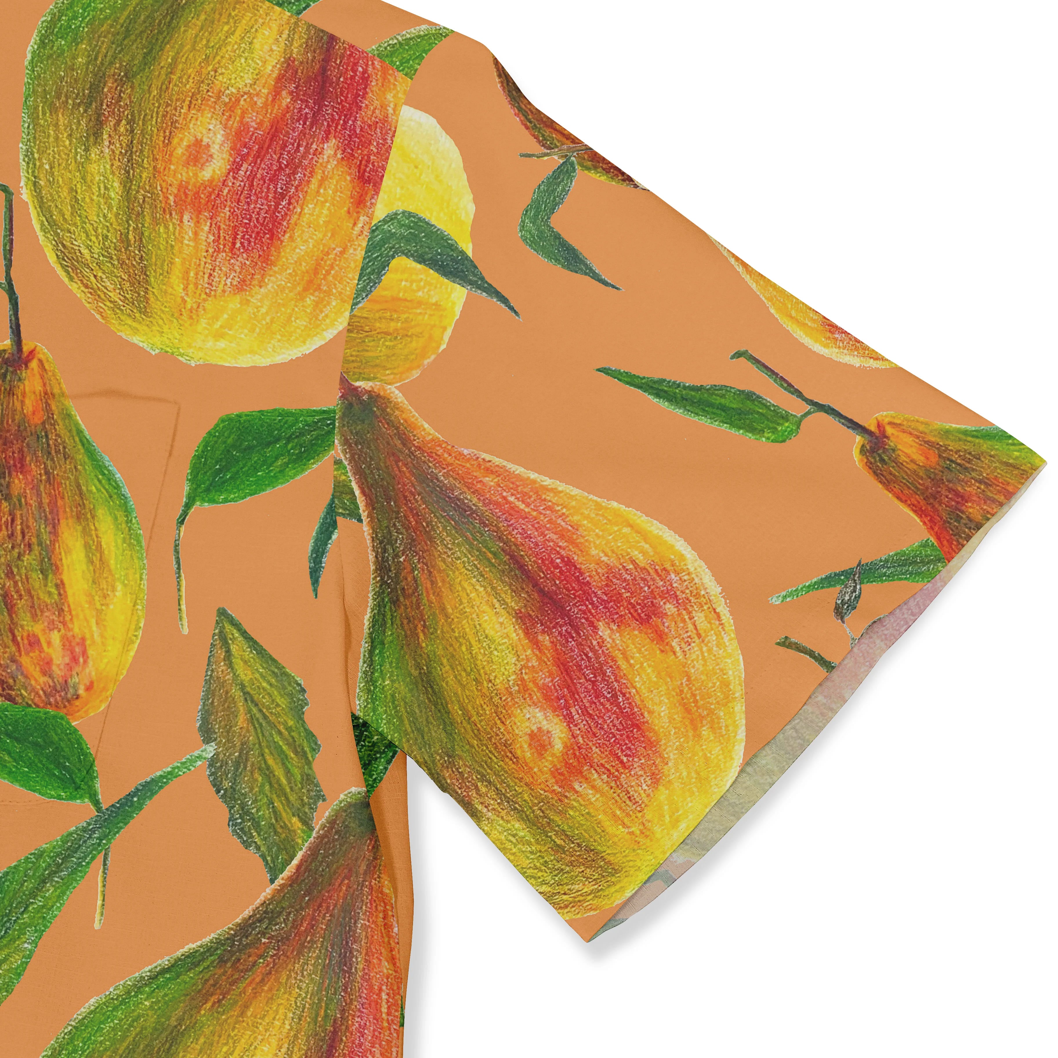 Vibrant pear print scarf with colorful fruit and leaves on a warm.