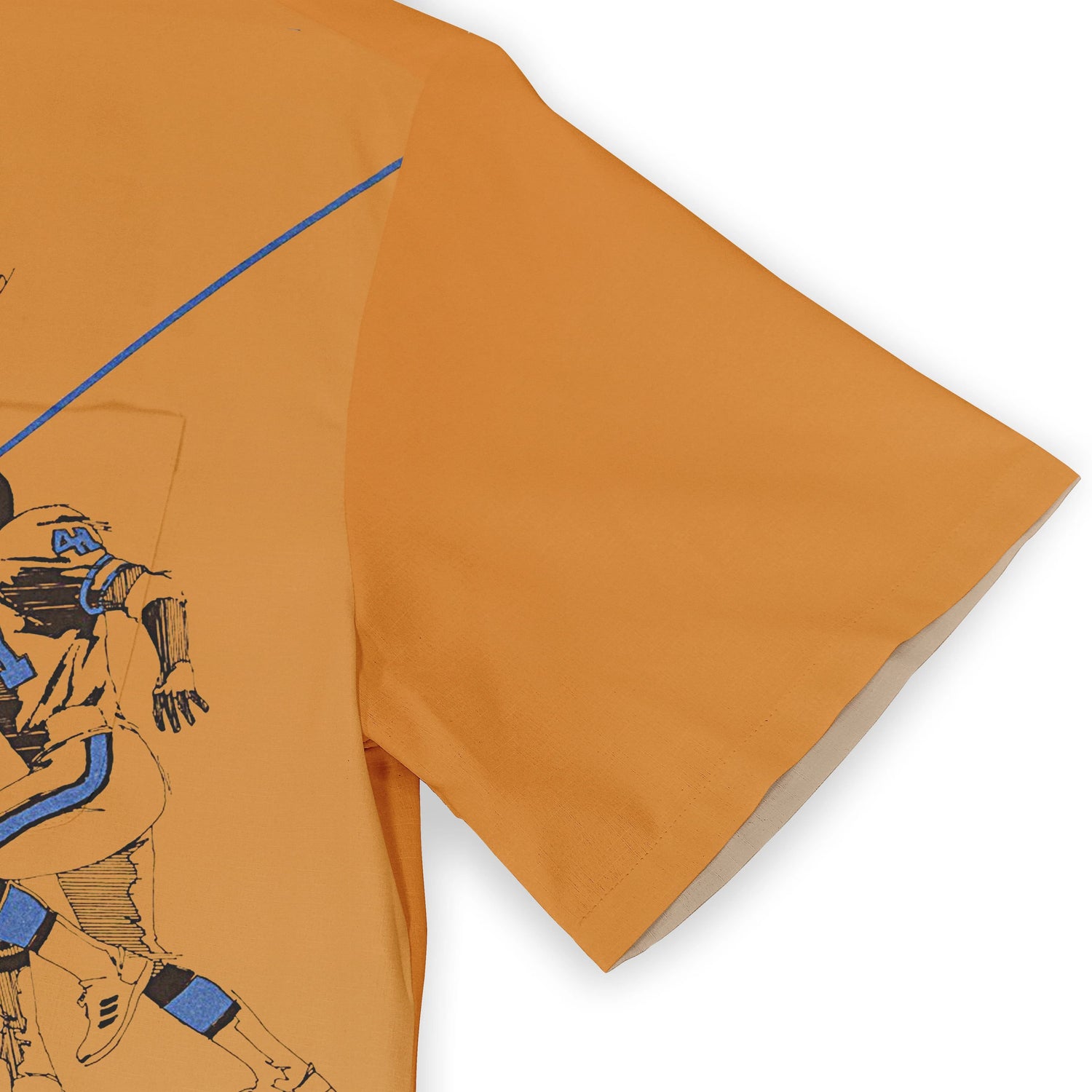 Orange T-shirt with blue and black graphic of a running figure.