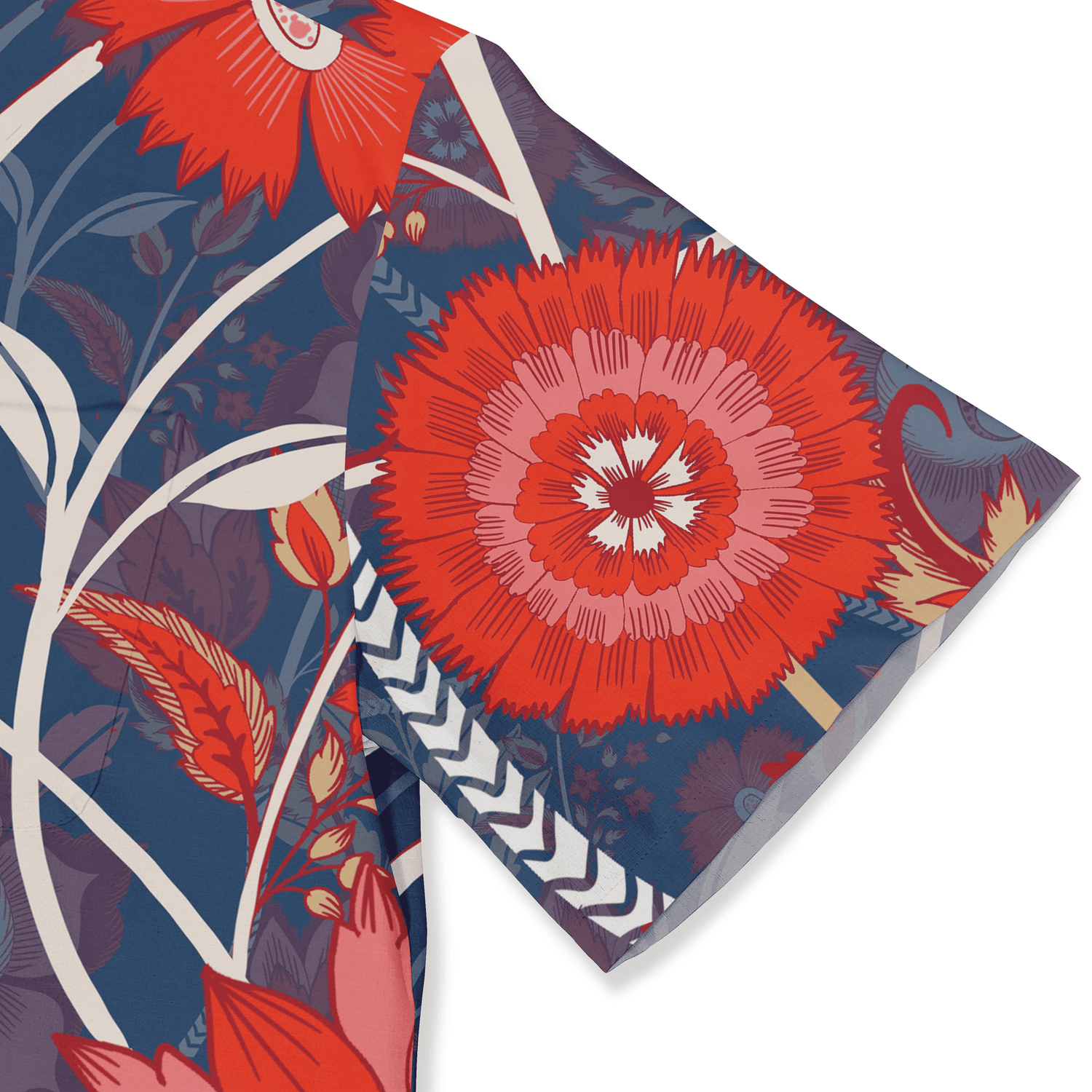 Vibrant floral scarf with bold red flowers, navy background.