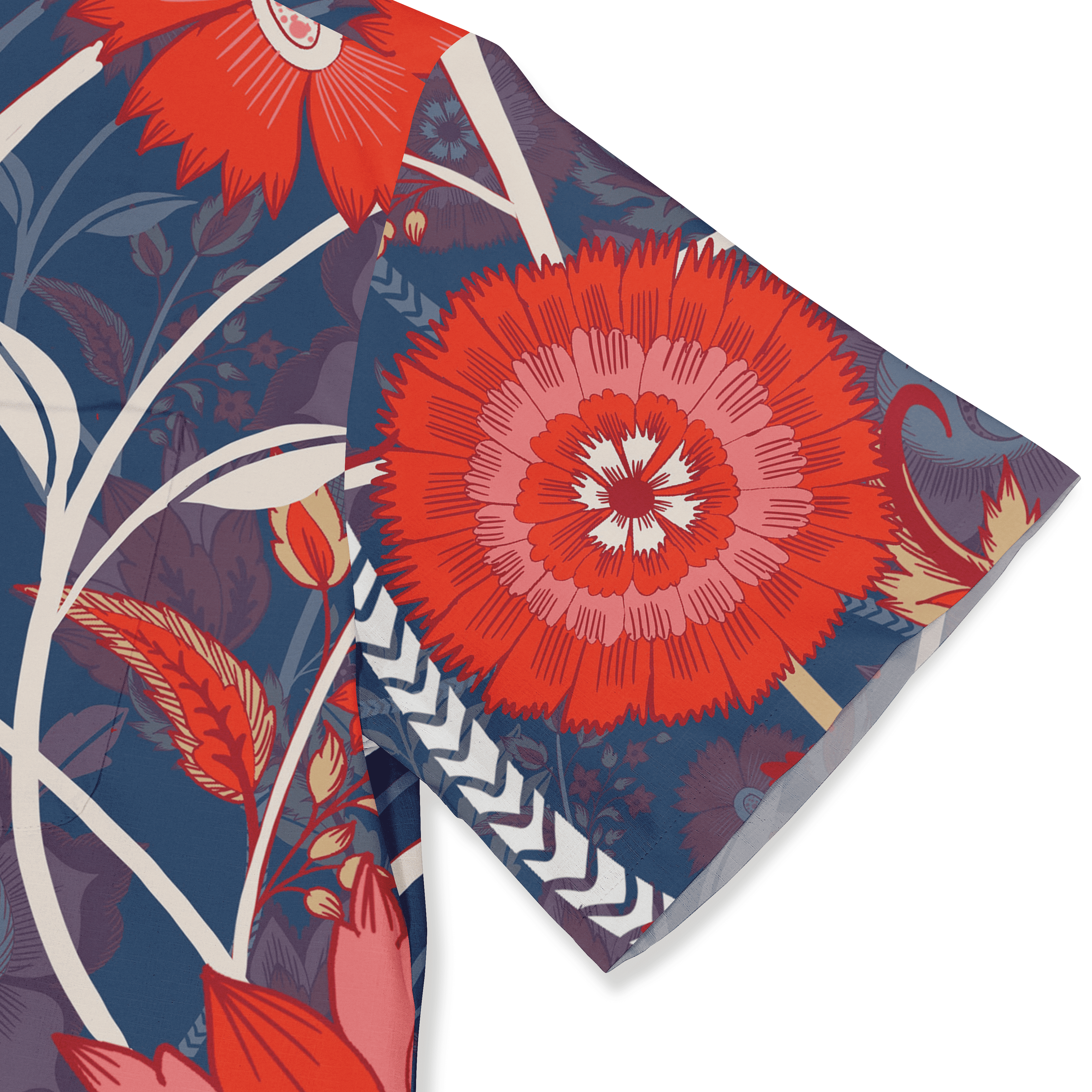 Vibrant floral scarf with bold red flowers, navy background.