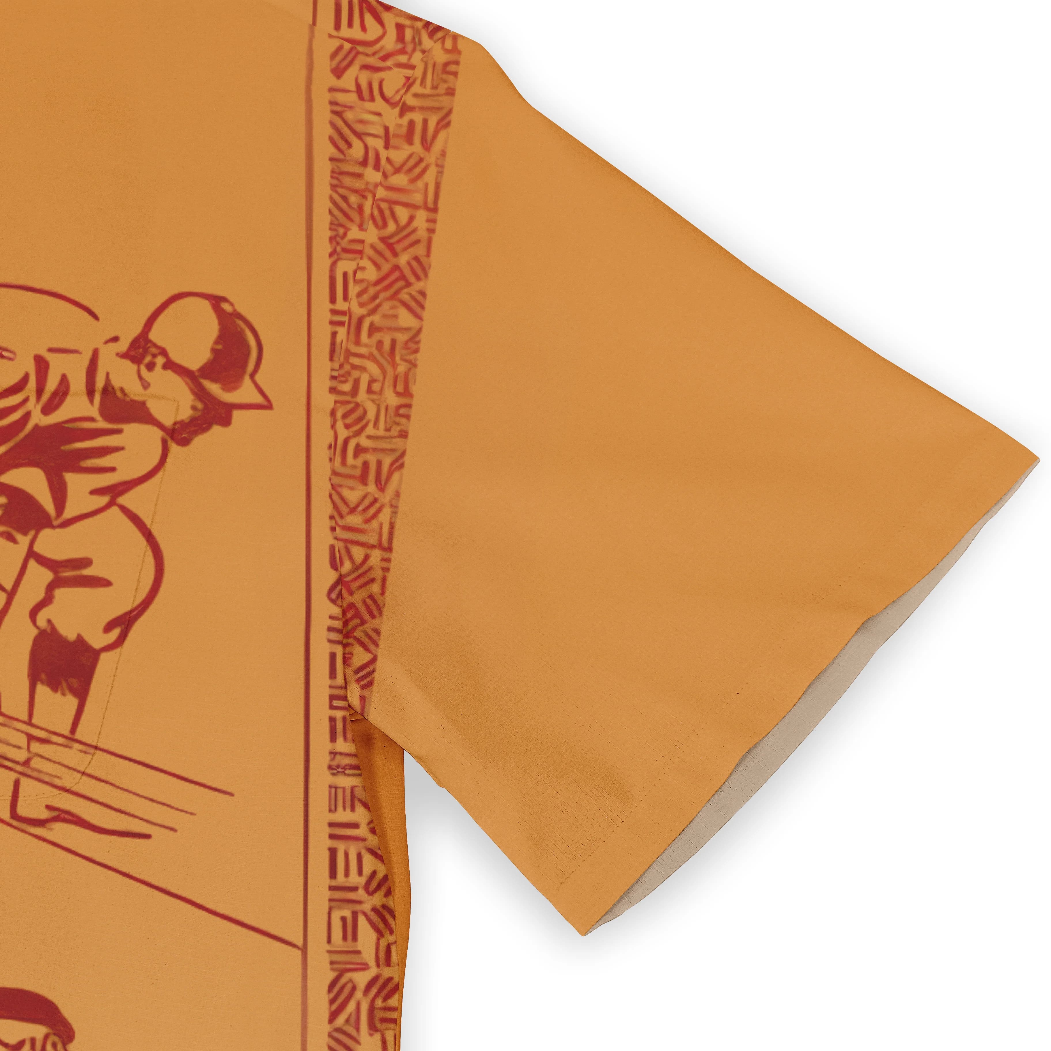 Orange fabric with red patterned border and illustrated figures.