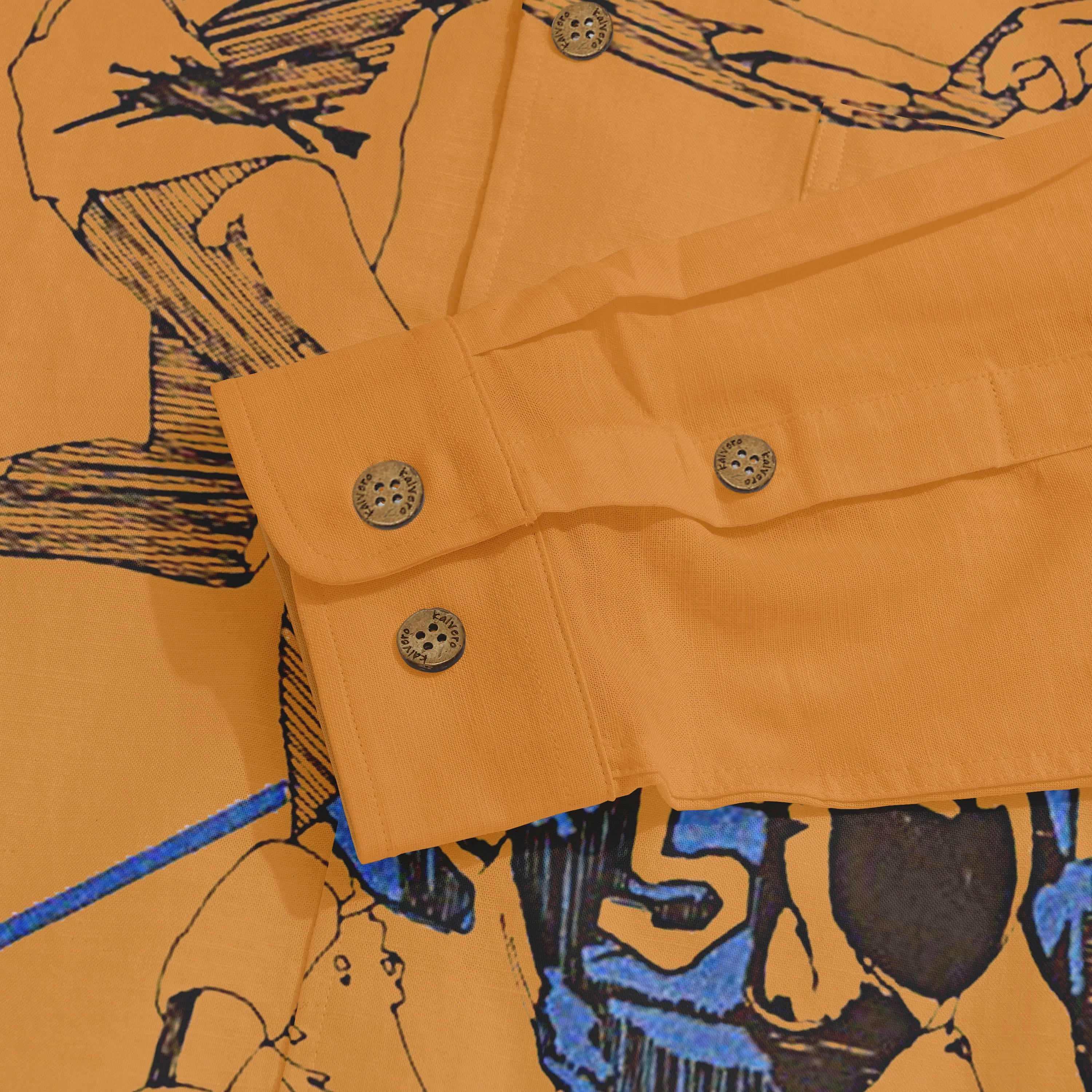 Orange shirt with graphic print, buttoned cuffs, and branded buttons.