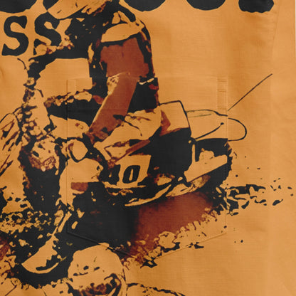Orange fabric with black and white graphic print of a motorcycle.