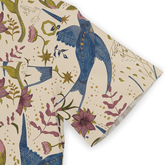 Cream fabric with blue birds, pink flowers, green leaves, and gold.