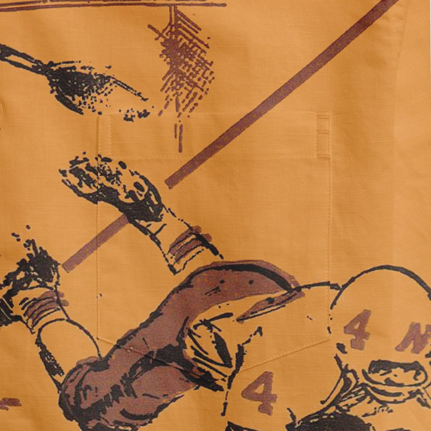 Vintage-style football player artwork on mustard fabric, featuring.