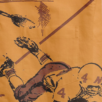 Vintage-style football player artwork on mustard fabric, featuring.