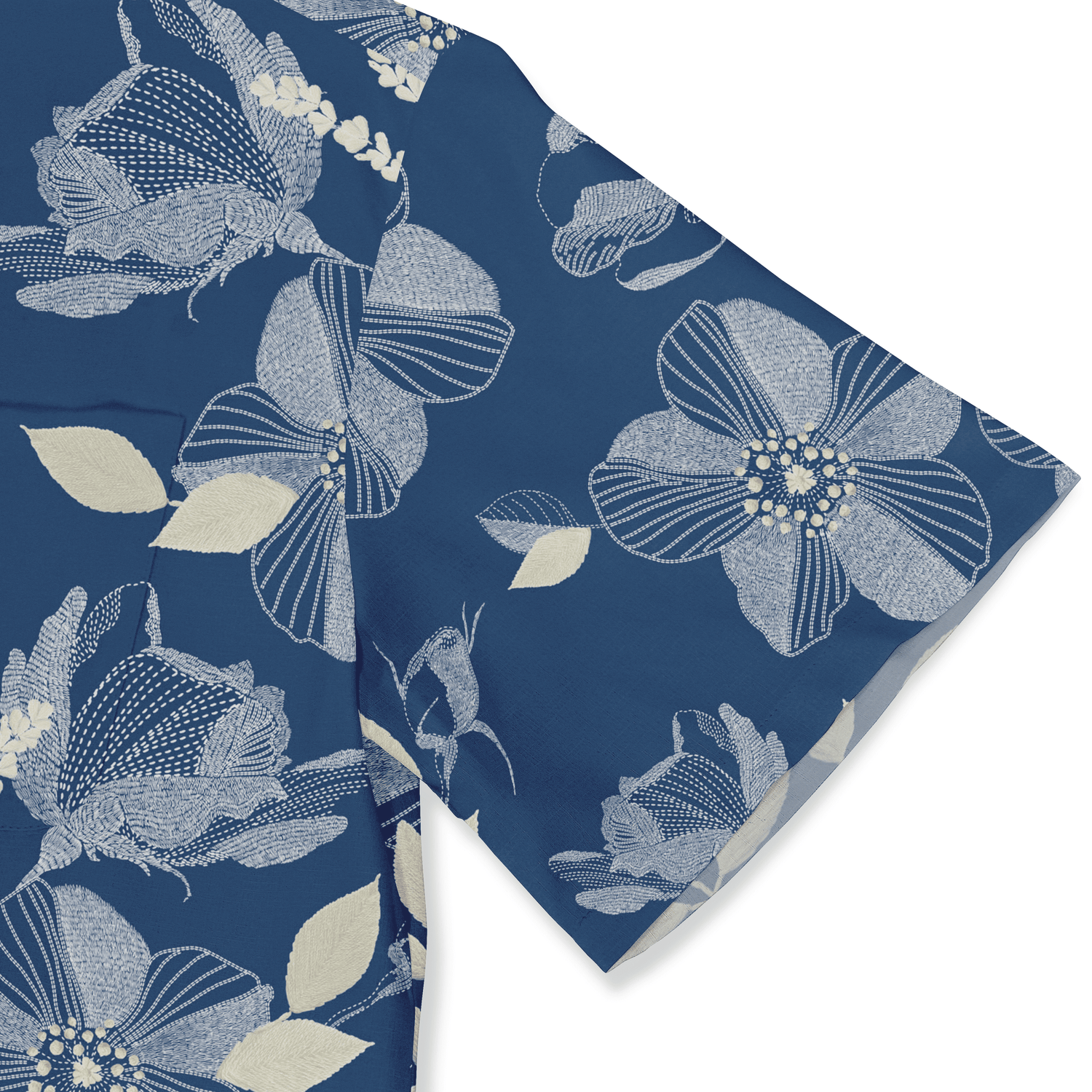 Navy blue fabric with white floral pattern, featuring detailed.