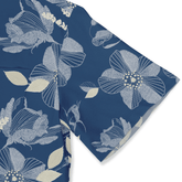 Navy blue fabric with white floral pattern, featuring detailed.