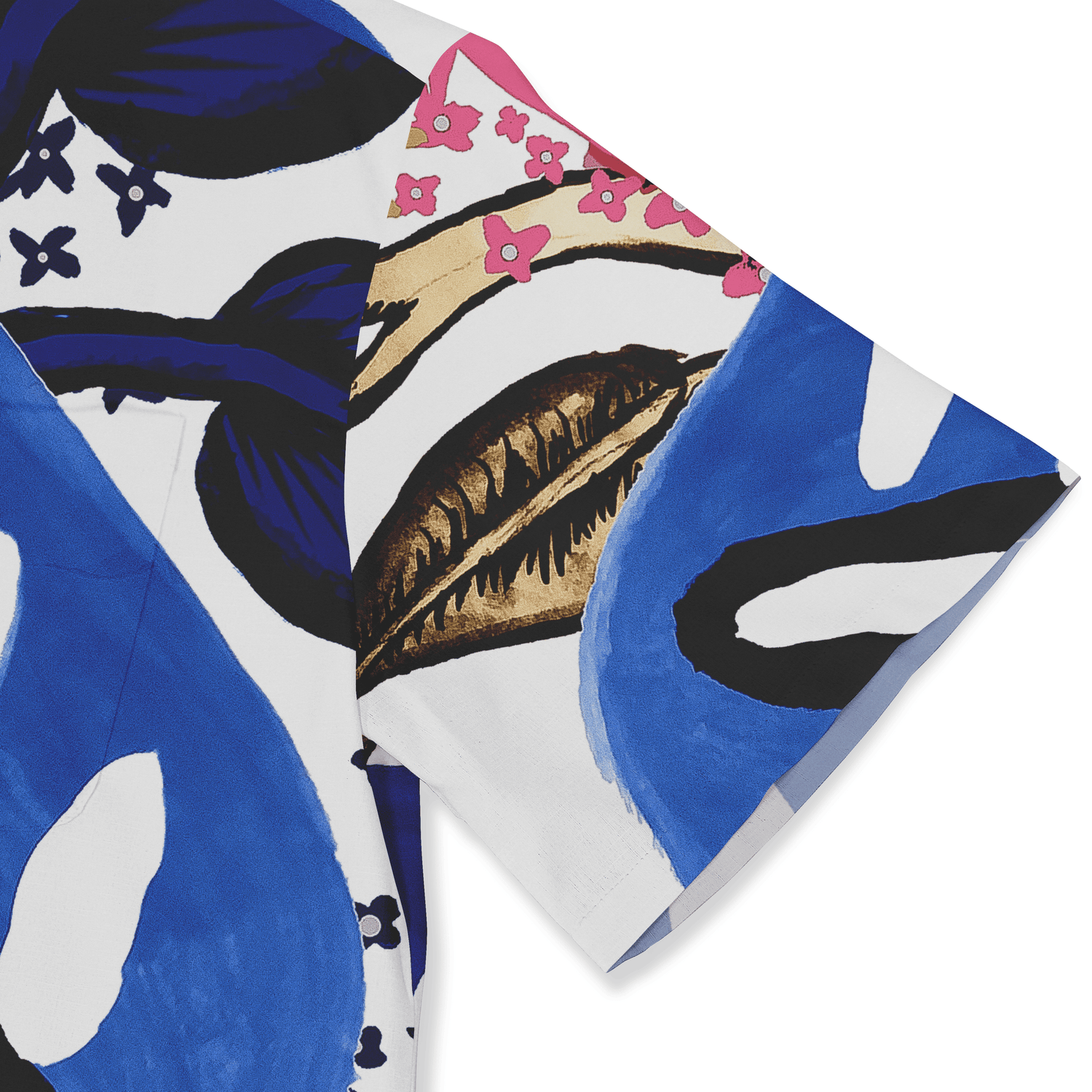 Bold floral and abstract patterned scarf in blue, pink, black.