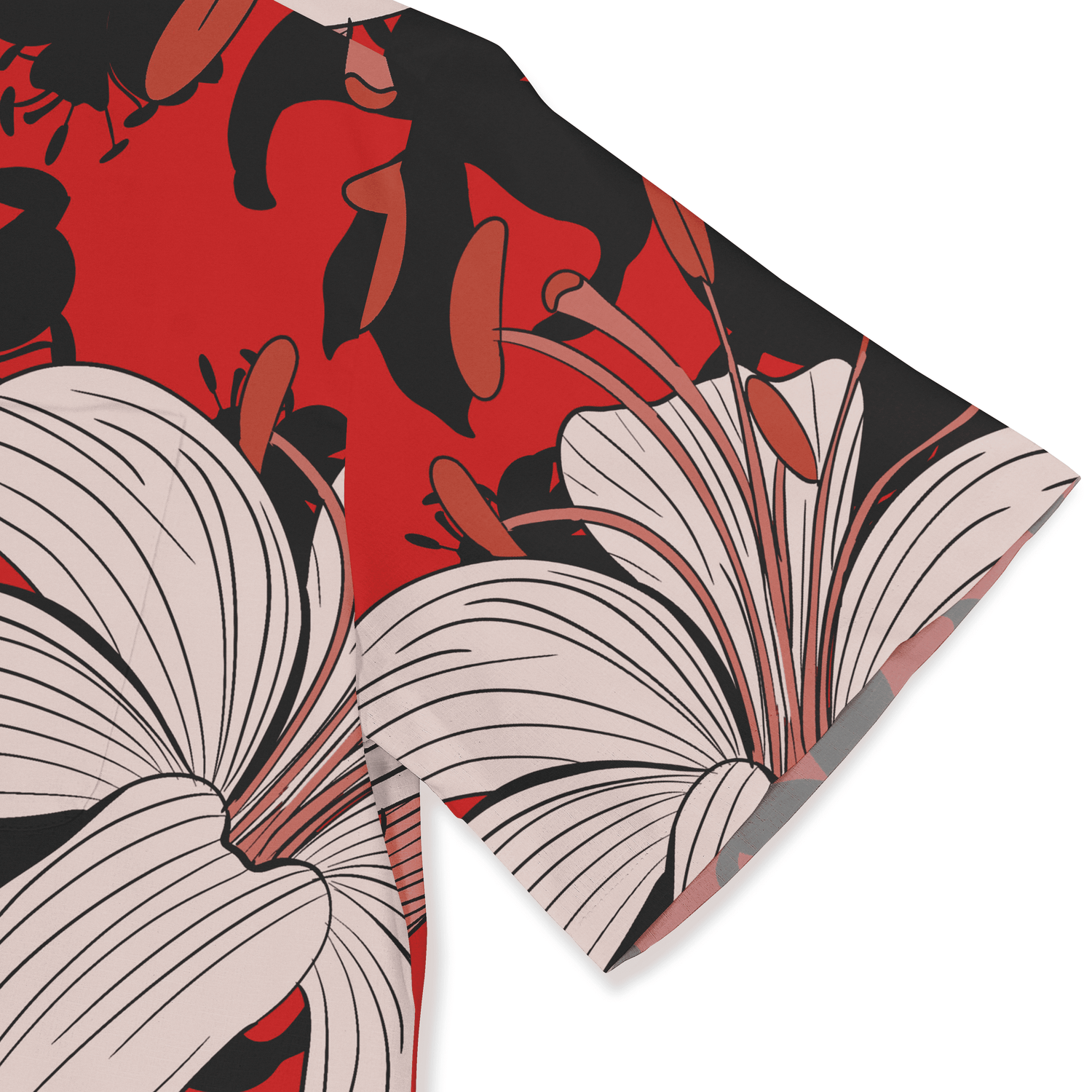 Red, black, and beige floral patterned fabric with bold, stylized.