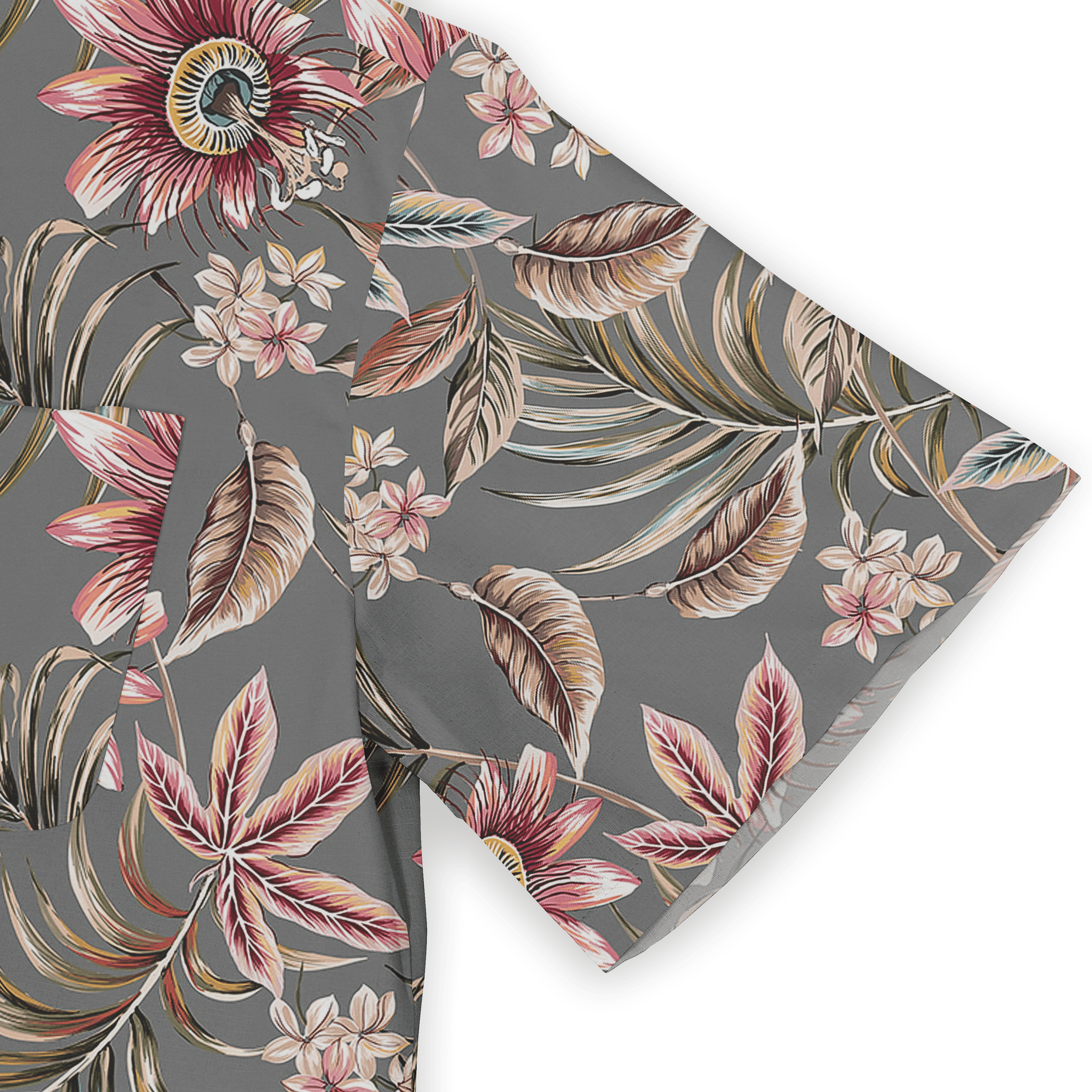 Gray fabric with tropical leaves and flowers print.