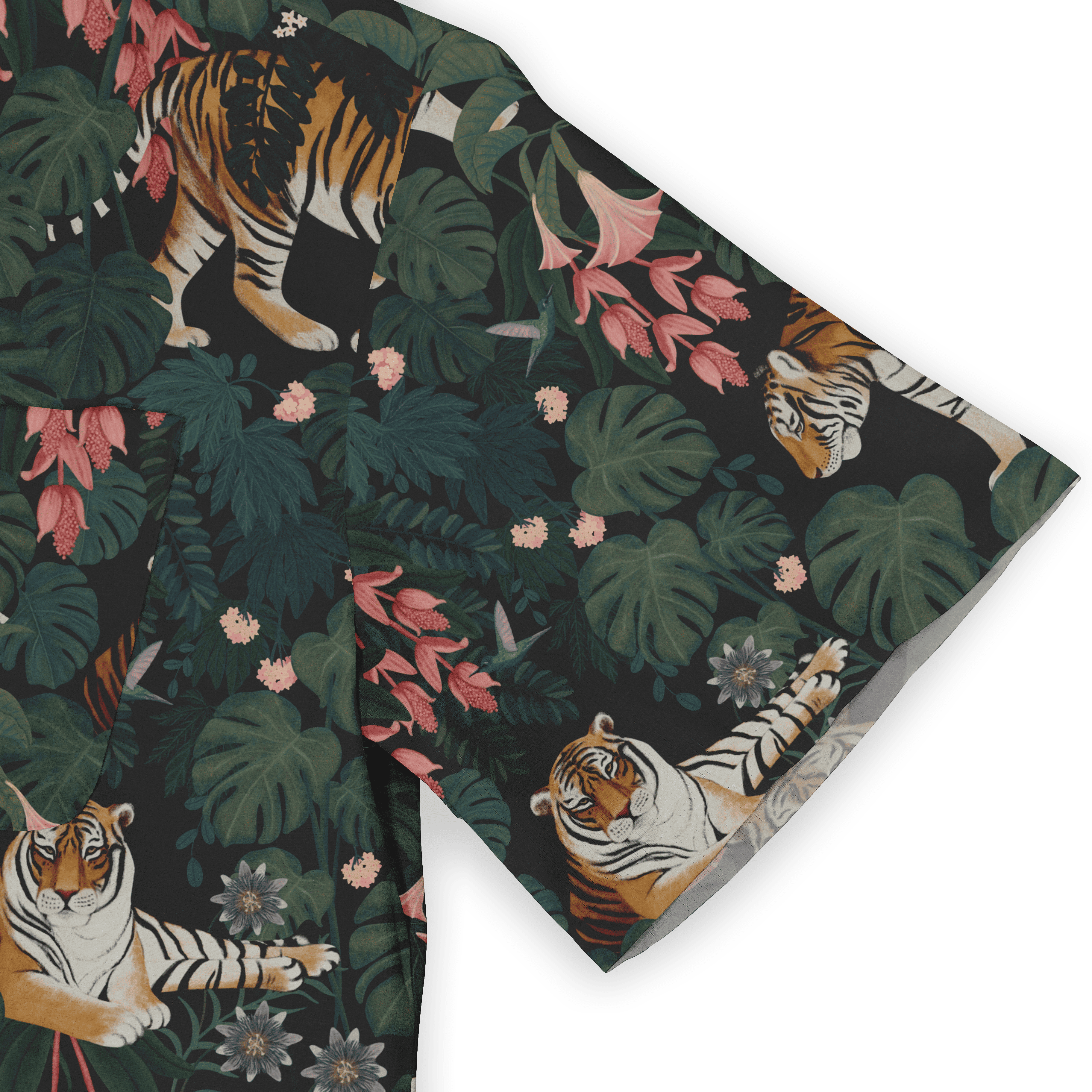 Tropical print scarf with tigers, leaves, and flowers on a dark.
