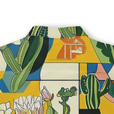 Colorful cactus and succulent pattern on a vibrant, geometric.