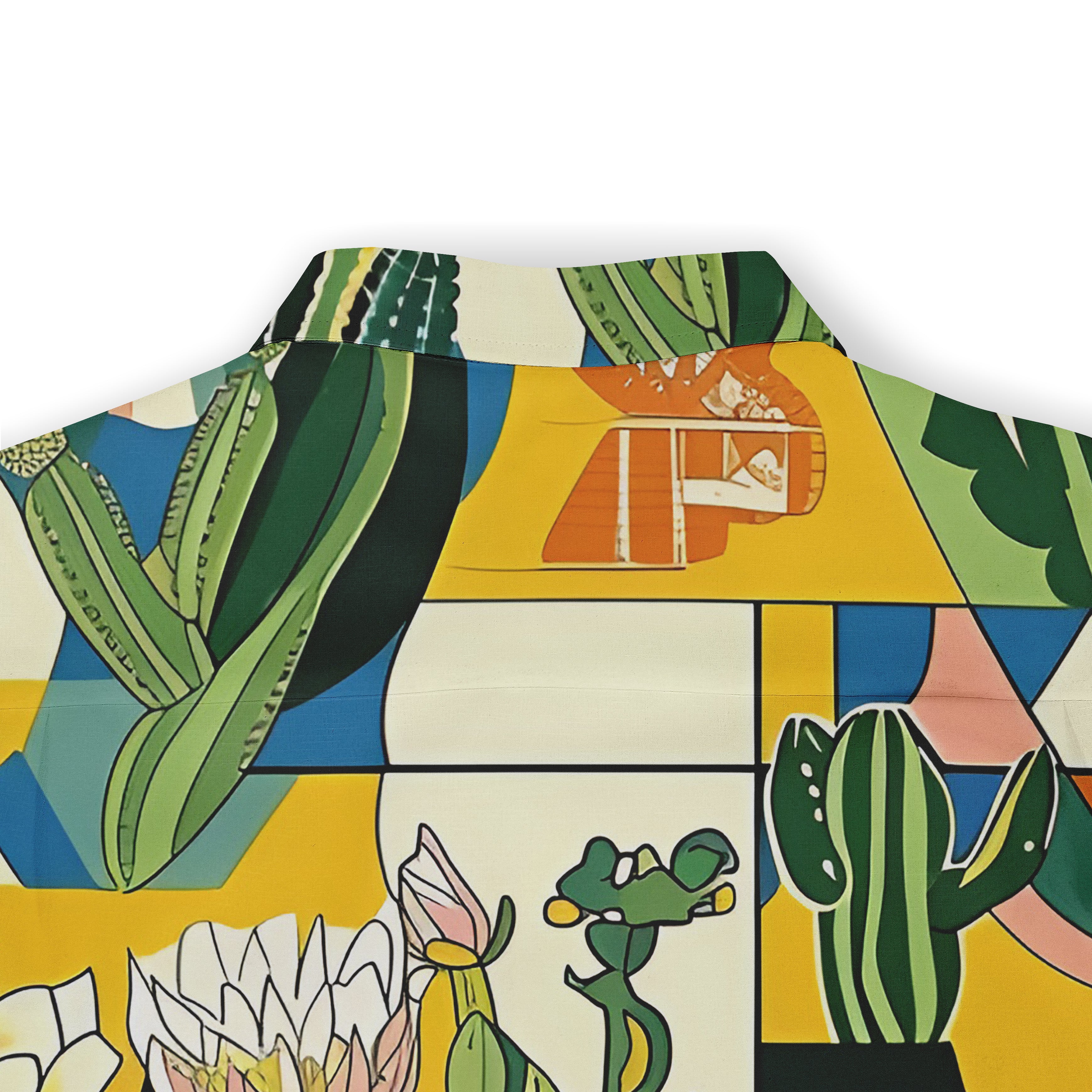 Colorful cactus and succulent pattern on a vibrant, geometric.