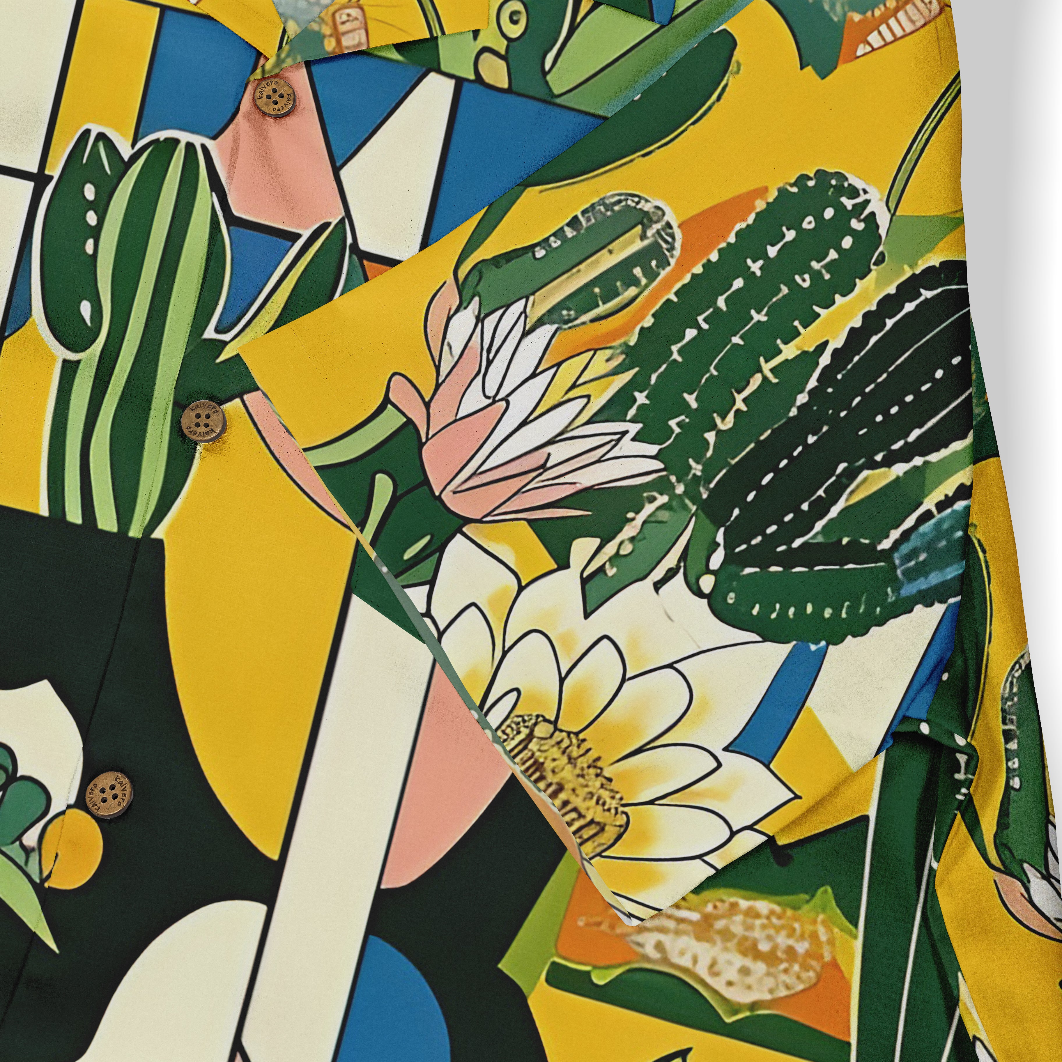Vibrant cactus and floral pattern shirt with bold colors and wooden.