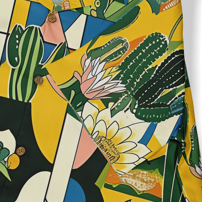 Vibrant cactus and floral pattern shirt with bold colors and wooden.