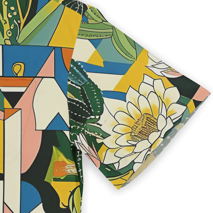 Colorful geometric and floral patterned fabric with vibrant greens.
