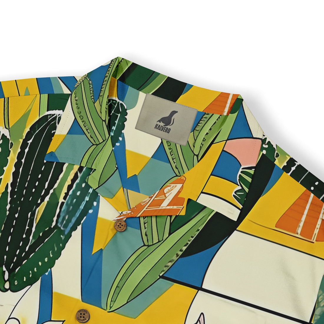 Colorful shirt with cactus and sailboat print, featuring a Halvero.