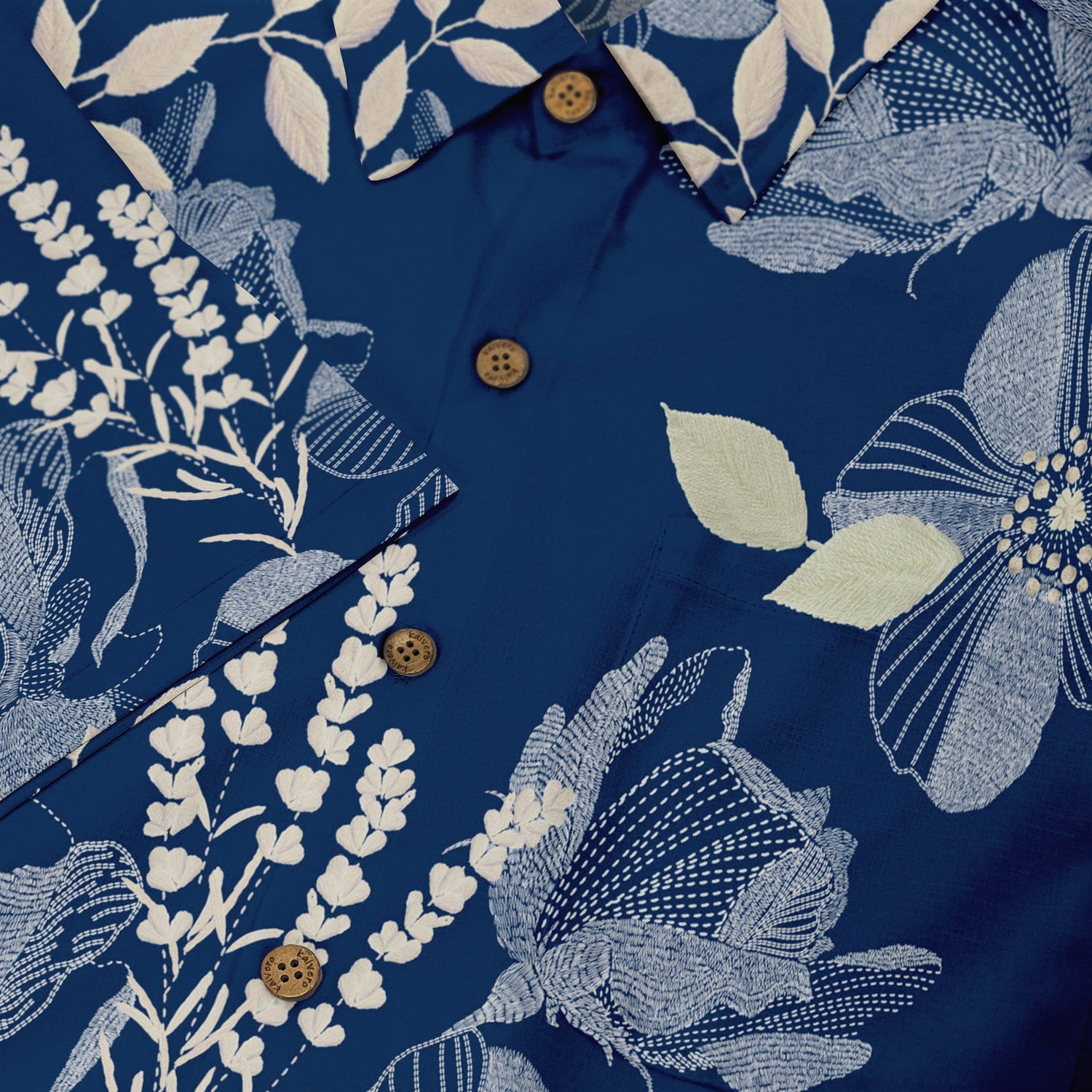 Navy blue shirt with white floral pattern and wooden buttons.