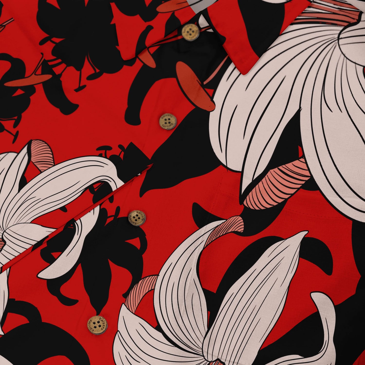Red floral shirt with black and white patterns, featuring wooden.
