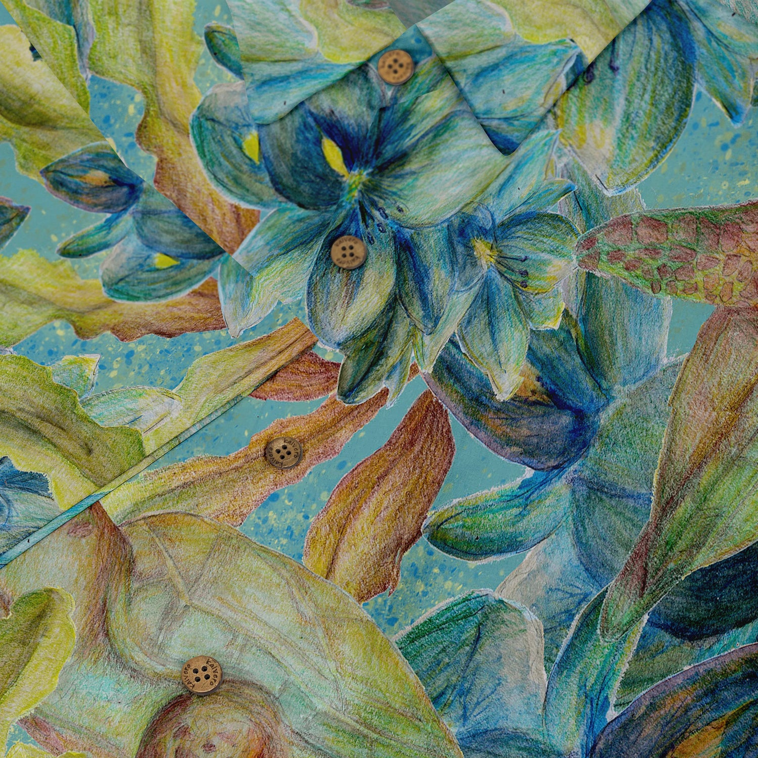 Floral patterned fabric with vibrant blue and green hues, featuring.