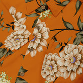 Orange floral shirt with beige flowers, green leaves, and brown.